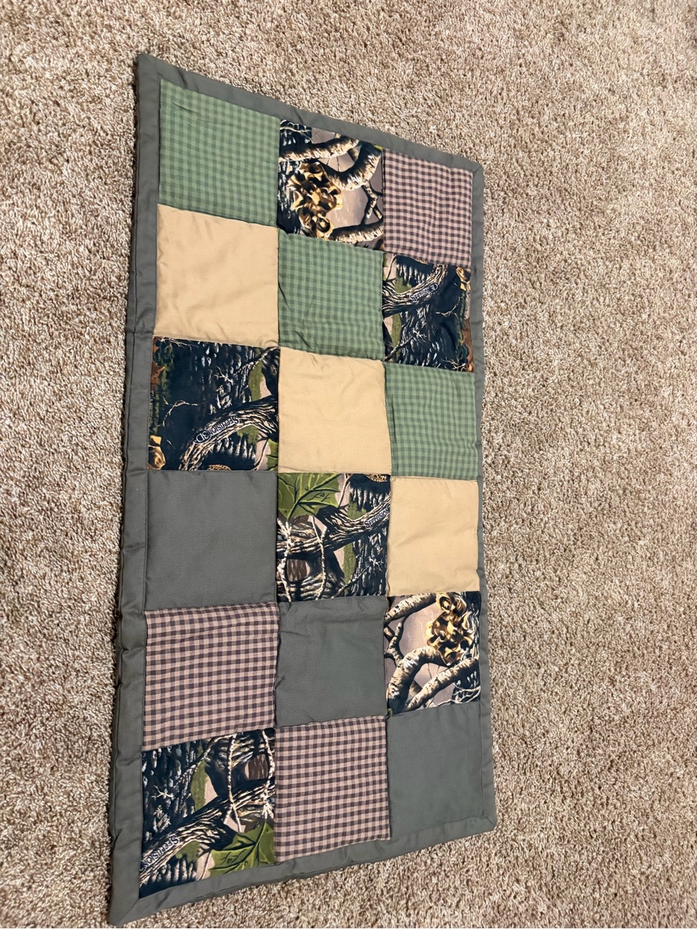 Patchwork Quilted Throw Pillow Cover in Green, Tan and Gray